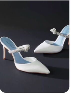NWT retail $238#SCHUTZ White Pointed Crystal-Knot Mule Heels